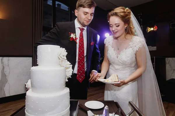 Menyasszony és vőlegény vágás torta — Stock Fotó
