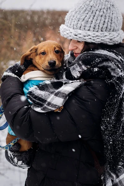 Mulher em chapéu de malha com cachorro — Fotografia de Stock