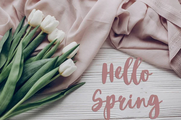 Hello spring text and tulips — Stock Photo, Image