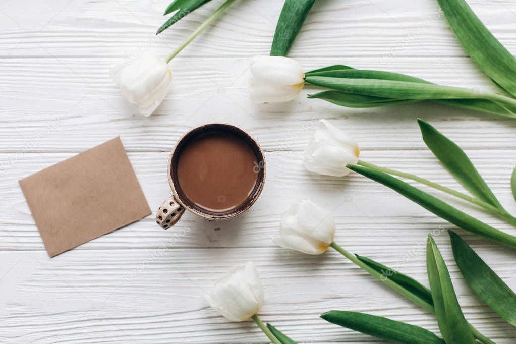 tulips, craft greeting card and coffee