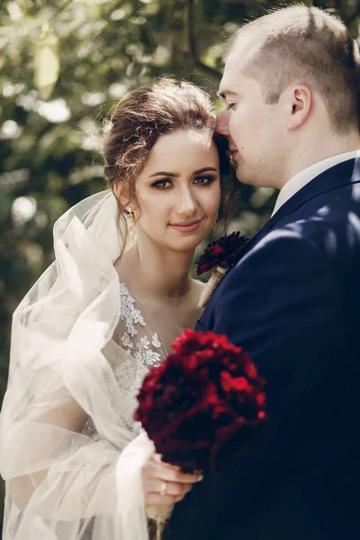 Lycklig nygift par kramar utomhus, porträtt av brudgummen kissin — Stockfoto