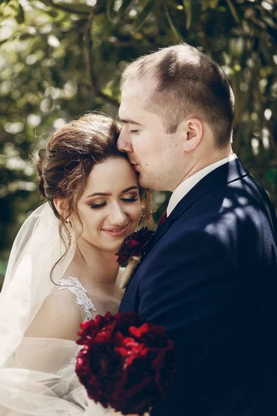 Feliz pareja recién casada abrazándose al aire libre, retrato del novio besándose — Foto de Stock