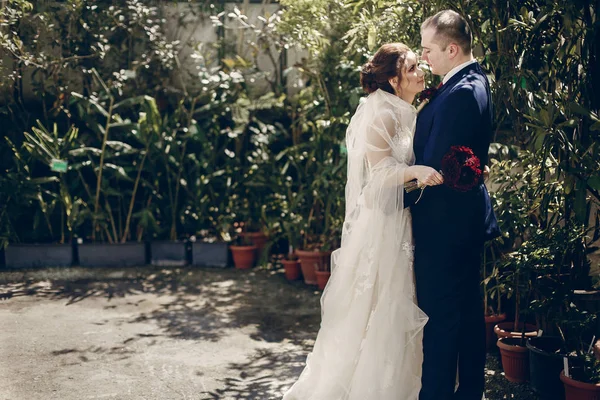 Жених целует улыбающуюся невесту — стоковое фото