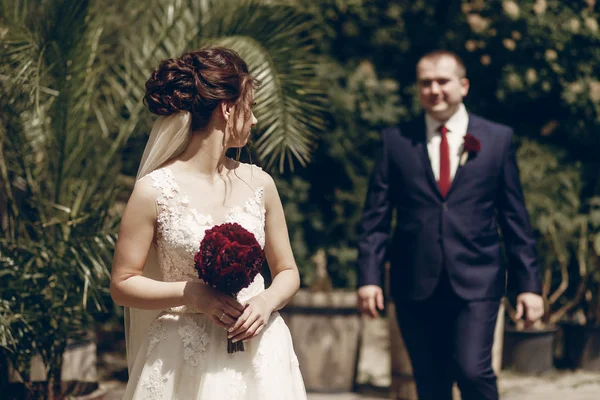 Bräutigam geht mit Braut — Stockfoto