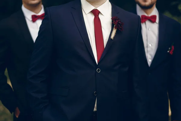 Groom posing with bestmen in park — Stock Photo, Image