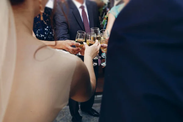 Sposi brindare champagne con gli amici — Foto Stock