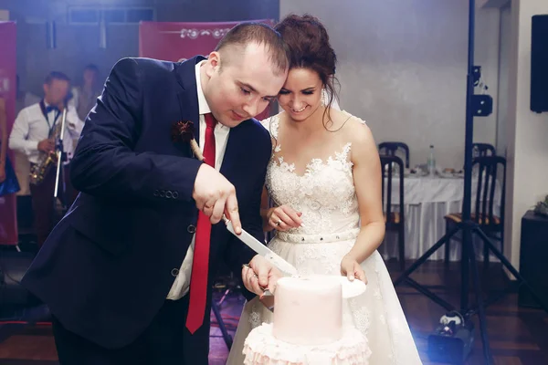 Pareja recién casada cortando pastel de boda —  Fotos de Stock
