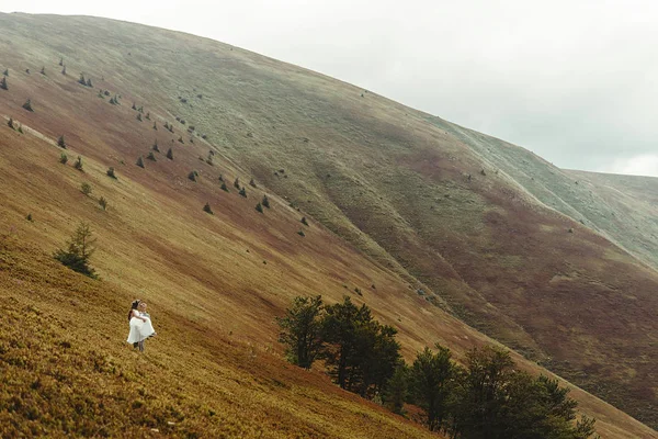 Невеста и жених позируют в горах — стоковое фото