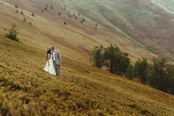 Νύφη και ο γαμπρός το περπάτημα στα βουνά — Φωτογραφία Αρχείου