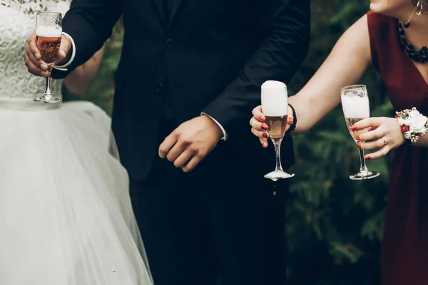 Bruid en bruidegom roosteren met champagne — Stockfoto