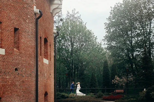 Jonggehuwde paar wandelen in het park — Stockfoto