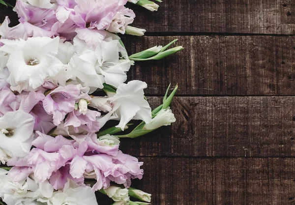 Gladioluses pada latar belakang kayu — Stok Foto