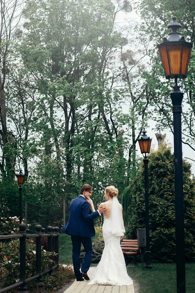 Pareja recién casada caminando en el parque —  Fotos de Stock