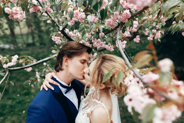 Coppia appena sposata che si abbraccia nel parco — Foto Stock