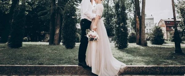 Wedding couple hugging in park — Stock Photo, Image