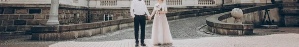 Bride and groom walking near castle — Stock Photo, Image