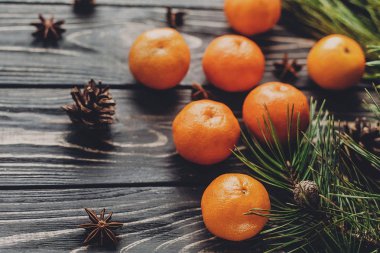 çam dalları, mandalina ve çam kozalakları