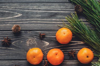 çam dalları, mandalina, anason ve koniler