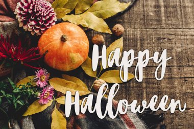 mutlu halloween metin işaret lay düz. Kabak yaprakları ile 