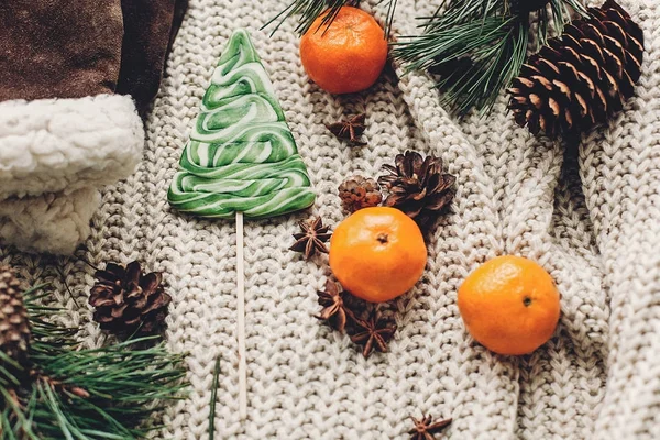 Caramelo y suéter con manoplas y mandarinas —  Fotos de Stock