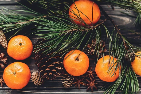 çam dalları, mandalina, anason ve koniler