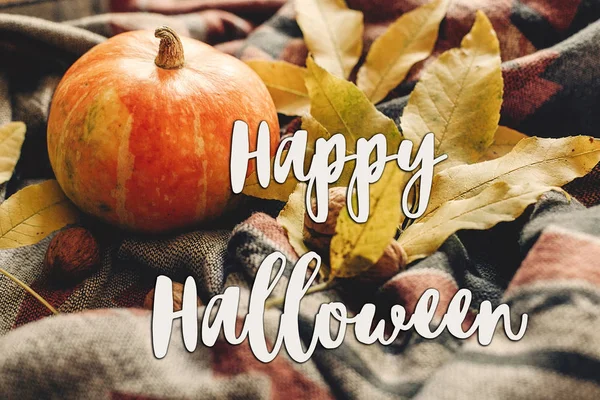 mutlu halloween metin renkli yaprakları ile sonbahar kabak oturum