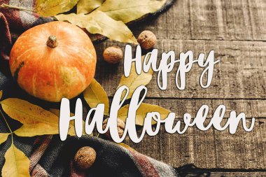 Mutlu Cadılar Bayramı metni imzalamak kabak ile yaprakları sonbaharda