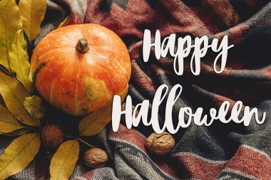 mutlu halloween metin renkli yaprakları ile sonbahar kabak oturum