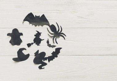 Cadılar Bayramı düz yatıyordu. Mutlu Cadılar Bayramı kavramı, metin için yer. Cadı hayalet yarasalar ve örümcek siyah süslemeleri