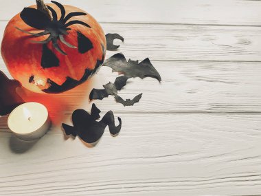 Cadılar Bayramı. Jack fener cadı hayalet yarasalar ve örümcek ile kabak