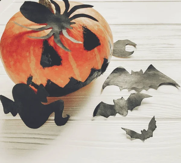 Halloween. Jack lantern dýně s witch ghost netopýrů a spider — Stock fotografie