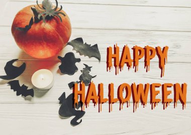 mutlu halloween metin düz yatıyordu. Kabak cadı hayalet yarasalar ile 