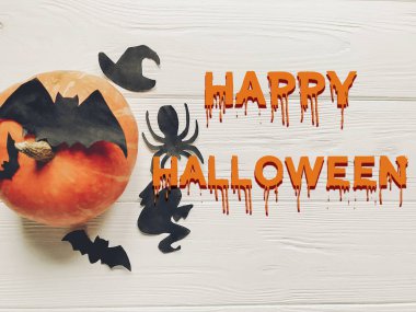 mutlu halloween metin. Kabak cadı hayalet yarasalar ve örümcek ile 