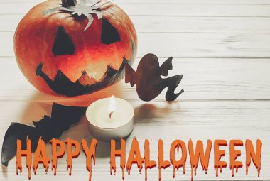 mutlu halloween metin. Jack fener cadı hayalet yarasalar ile kabak