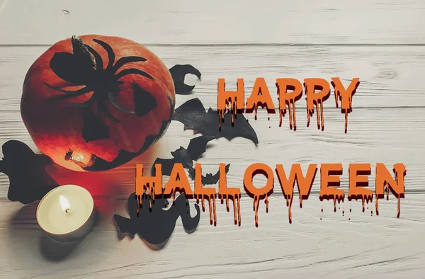 Straszny szczęśliwy halloween tekst, Mroczne spooky jack latarnia dyni — Zdjęcie stockowe
