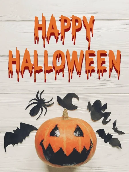 Happy halloween tekst. Jack latarnia dyni z witch ghost nietoperzy — Zdjęcie stockowe