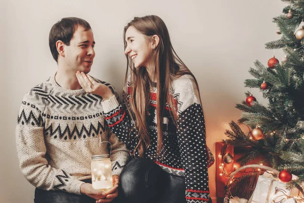 Young Happy Couple Love Holding Lantern Light Posing Sitting Christmas — Stock Photo, Image