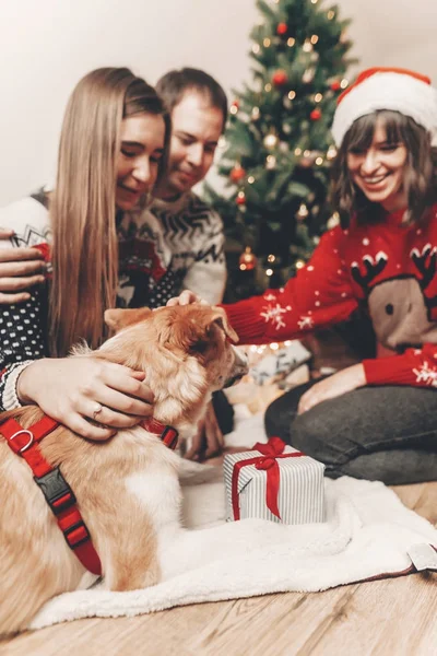 Glückliche Freunde Stylischen Pullovern Und Süßer Lustiger Hund Der Geschenke — Stockfoto