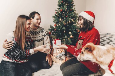 mutlu arkadaş şık kazak ve hediyeler Noel ağacı ışıkları ile oturan alışverişi şirin komik köpek