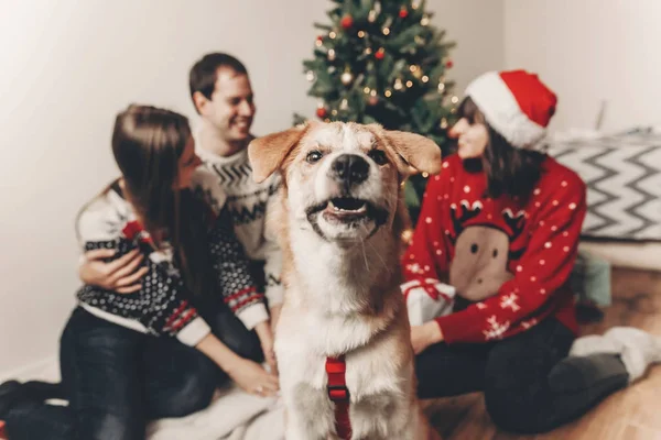 Gelukkige Familie Vieren Van Kerstmis Met Grappige Hond Ingerichte Kamer — Stockfoto