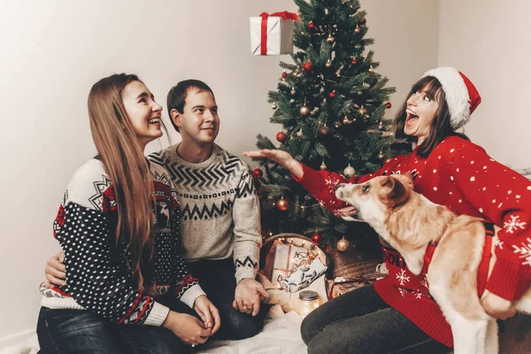 飾られたクリスマス ツリーに座ってプレゼントを投げ祭りのセーターでの友人 — ストック写真