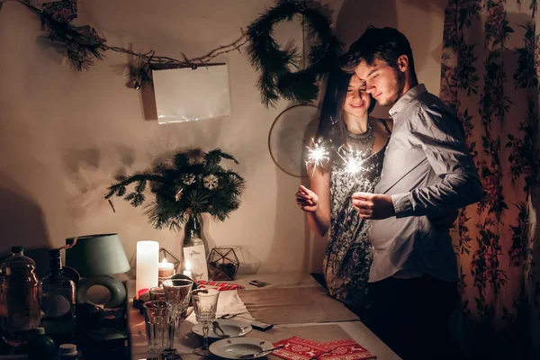 Stylish Couple Holding Burning Sparkler Bengal Light — Stock Photo, Image