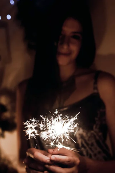 Young Woman Holding Burning Sparkler Bengal Light — Stock Photo, Image