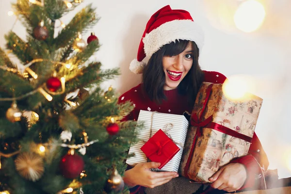 Portrait Happy Woman Santa Hat Holding Gift Boxes Ribbons Christmas — Stock Photo, Image