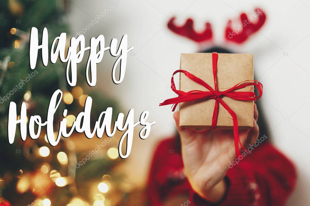 happy holidays text, seasons greetings, stylish craft gift 