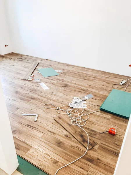 Room Floor Renovation Concept Stylish Wooden Laminate Installation Modern White — Stock Photo, Image