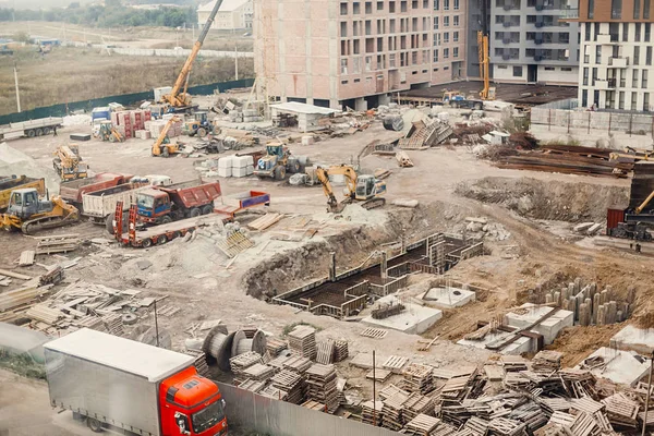 Área Construção Com Bulldozer Escavação Guindastes Areia — Fotografia de Stock