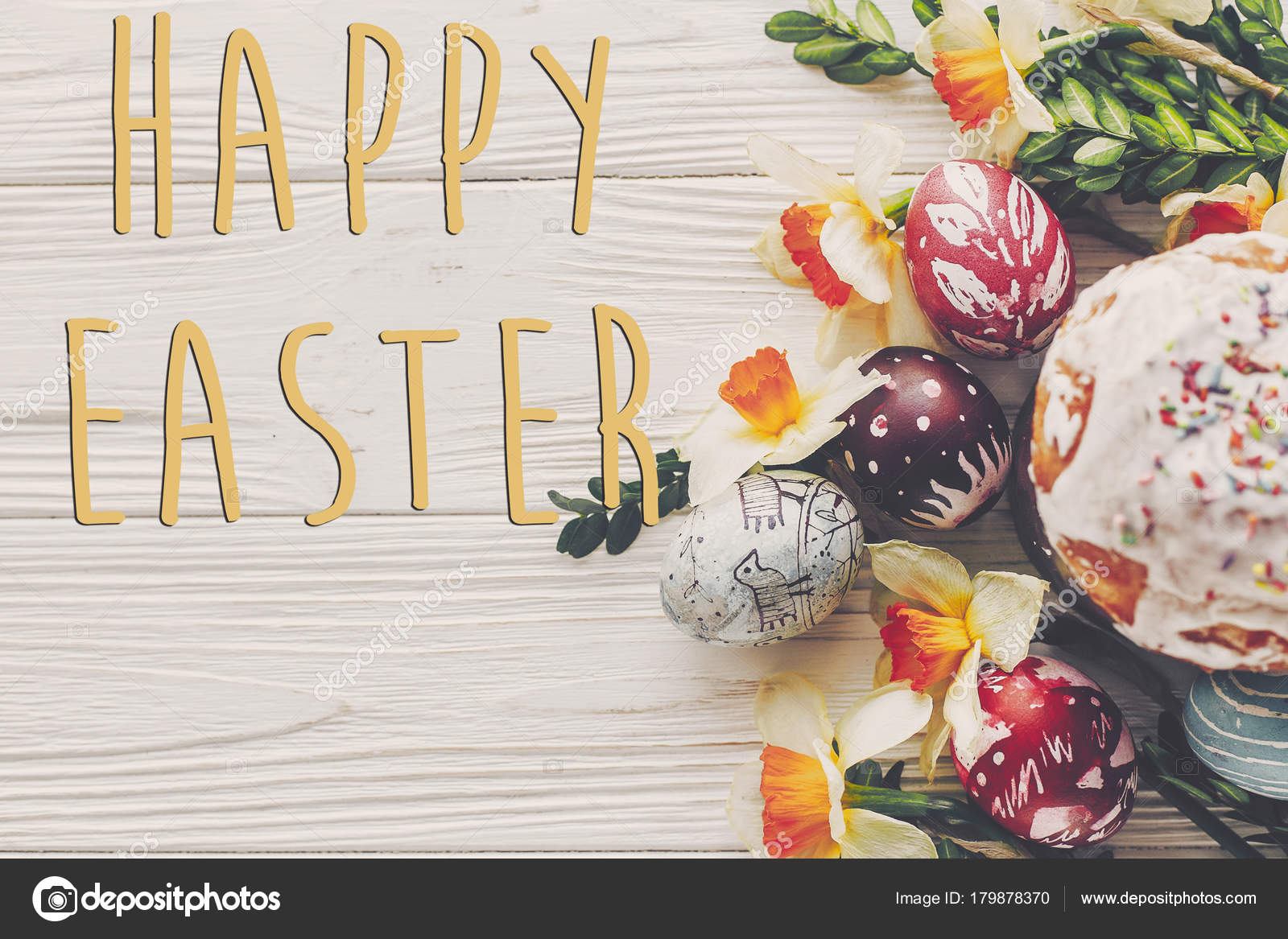 Happy Easter Text Flat Lay Flowers Daffodils Stylish Eggs ...