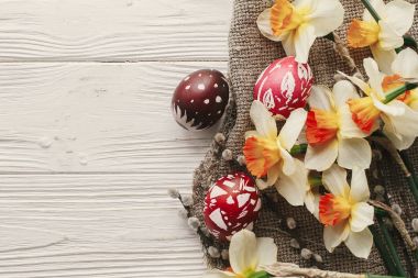 Modern Paskalya düz yatıyordu. bahar çiçekleri nergis rustik Beyaz ahşap arka plan en iyi görünümü ile şık renkli Paskalya yumurtaları. metin için yer. şık boyalı yumurta. tebrik kartı