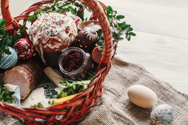 Stylish Easter Basket Food Horseradish Beetroot Ham Butter Buxus Sausage — Stock Photo, Image